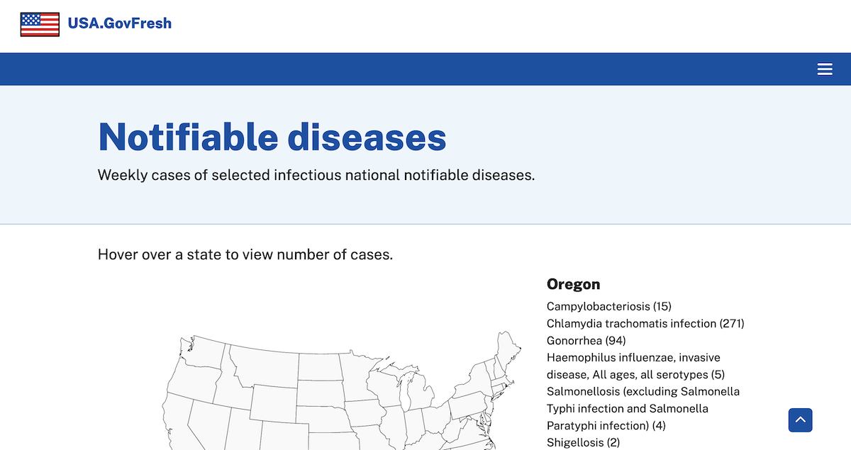 Screenshot of USA.GovFresh notifiable diseases page.