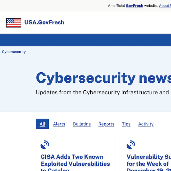 Screenshot of USA.GovFresh cybersecurity news page.