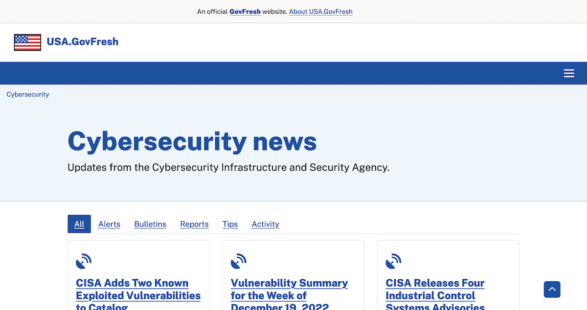 Screenshot of USA.GovFresh cybersecurity news page