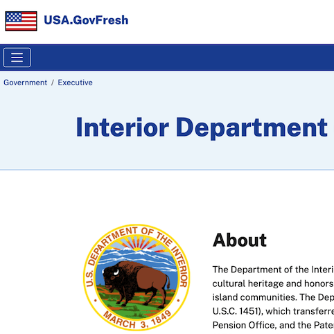 Screenshot of Department of Interior page on USA.GovFresh.