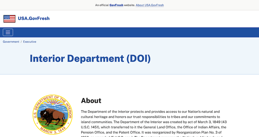 Screenshot of Department of Interior page on USA.GovFresh