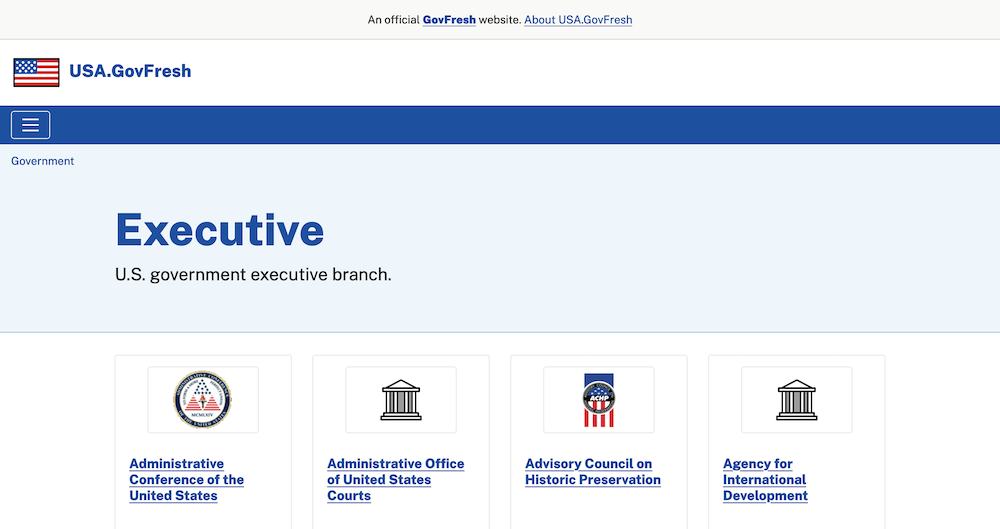Screenshot of USA.GovFresh executive branch agency page