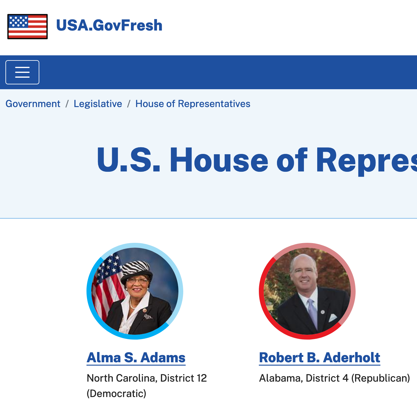 Screenshot of members of U.S. House of Representatives.