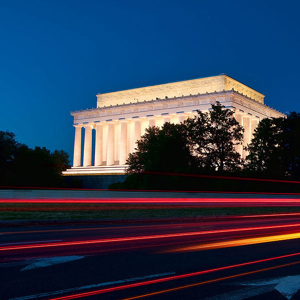 Lincoln Memorial at night with car lights