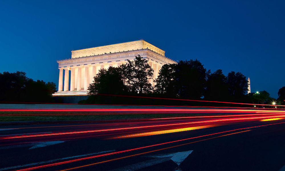 Lincoln Memorial at night with car lights