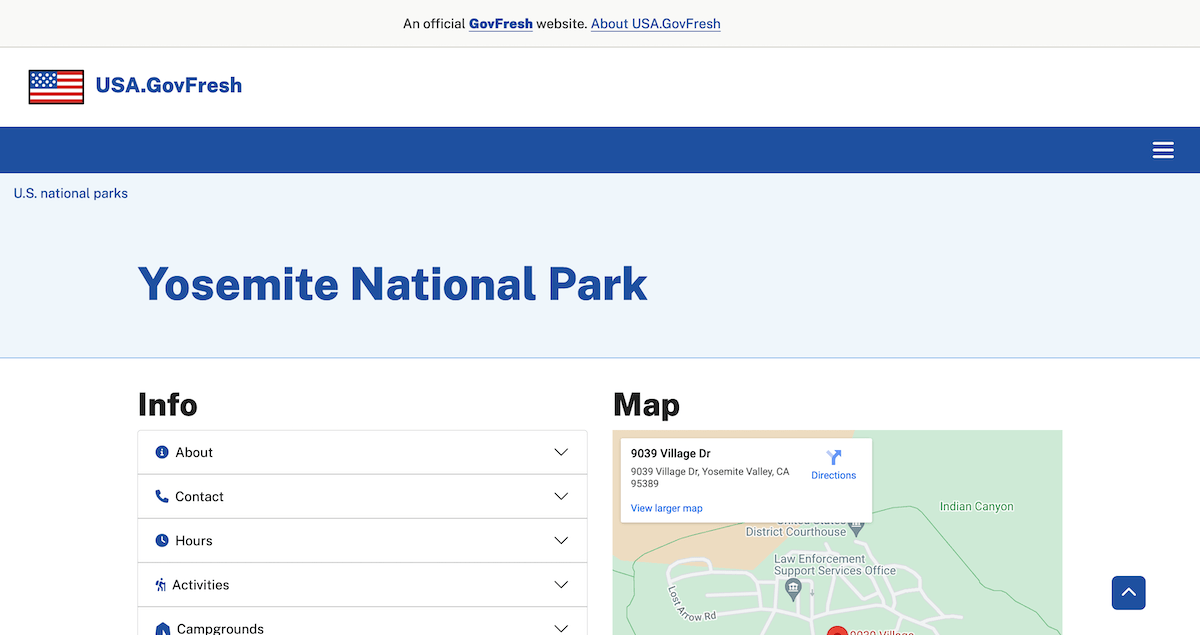 Screenshot of USA.GovFresh Yosemite National Park page