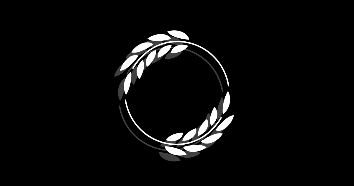 Circular laurel wreath design, colored in white, against a black background.