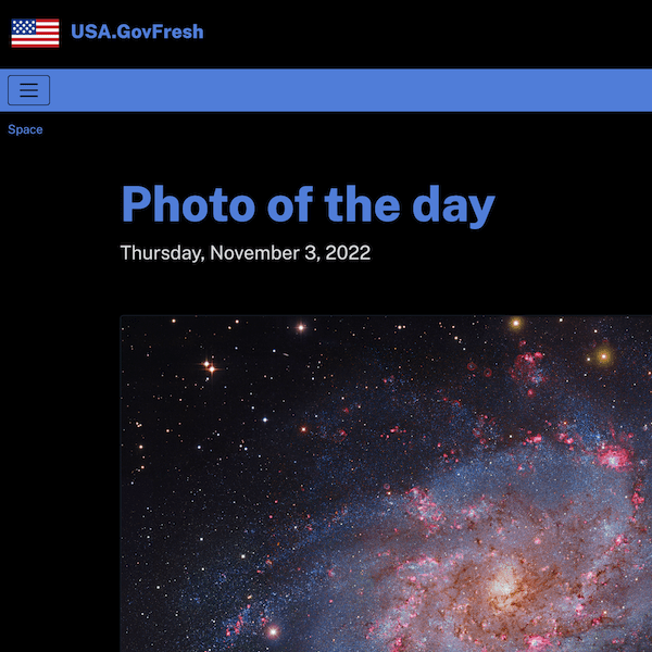 Screenshot of space photo of the day page on USA.GovFresh.